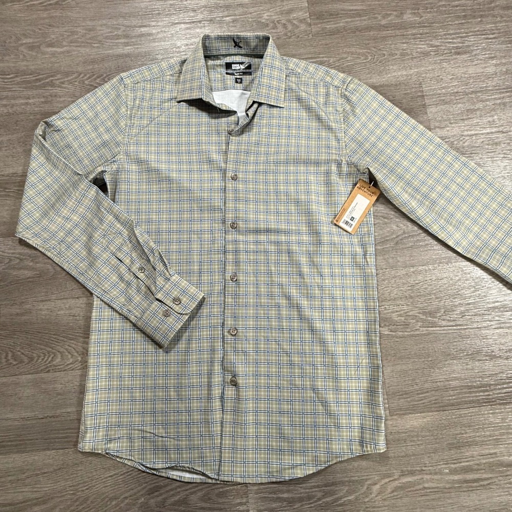 Eddie Bauer Mens Slim Fit Khaki Teal Check Button Down Shirt M 15-15.5 34/35